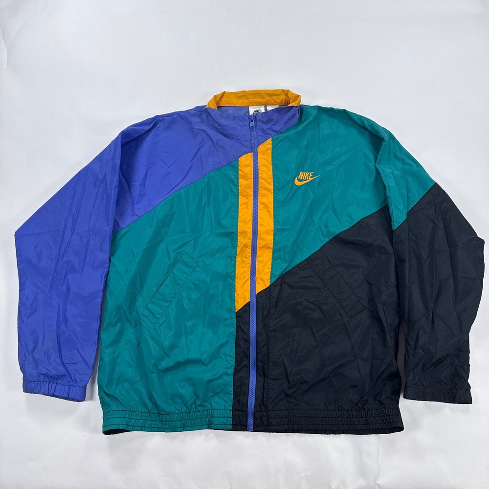 Vintage 90s Nike Windbreaker Jacket Mens XL Teal Purple Colorblock Nylon Track